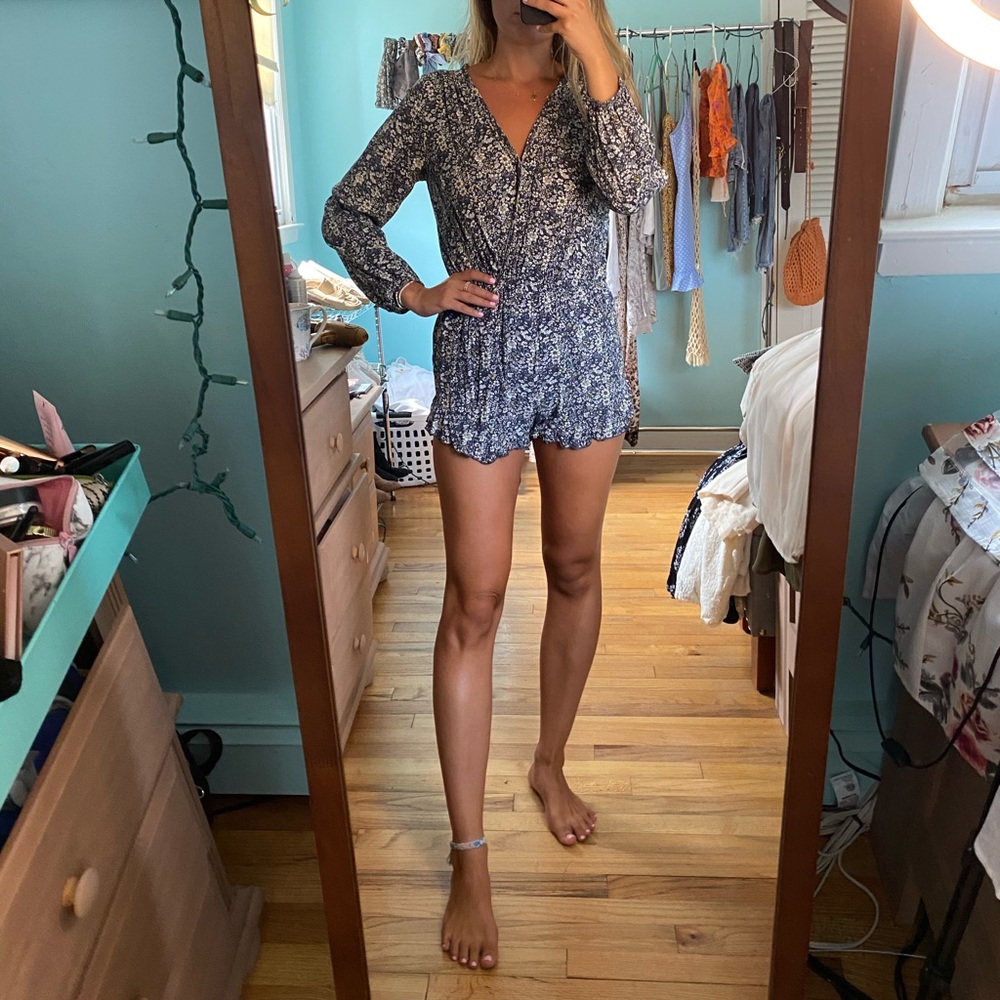 Boutique blue & white floral romper